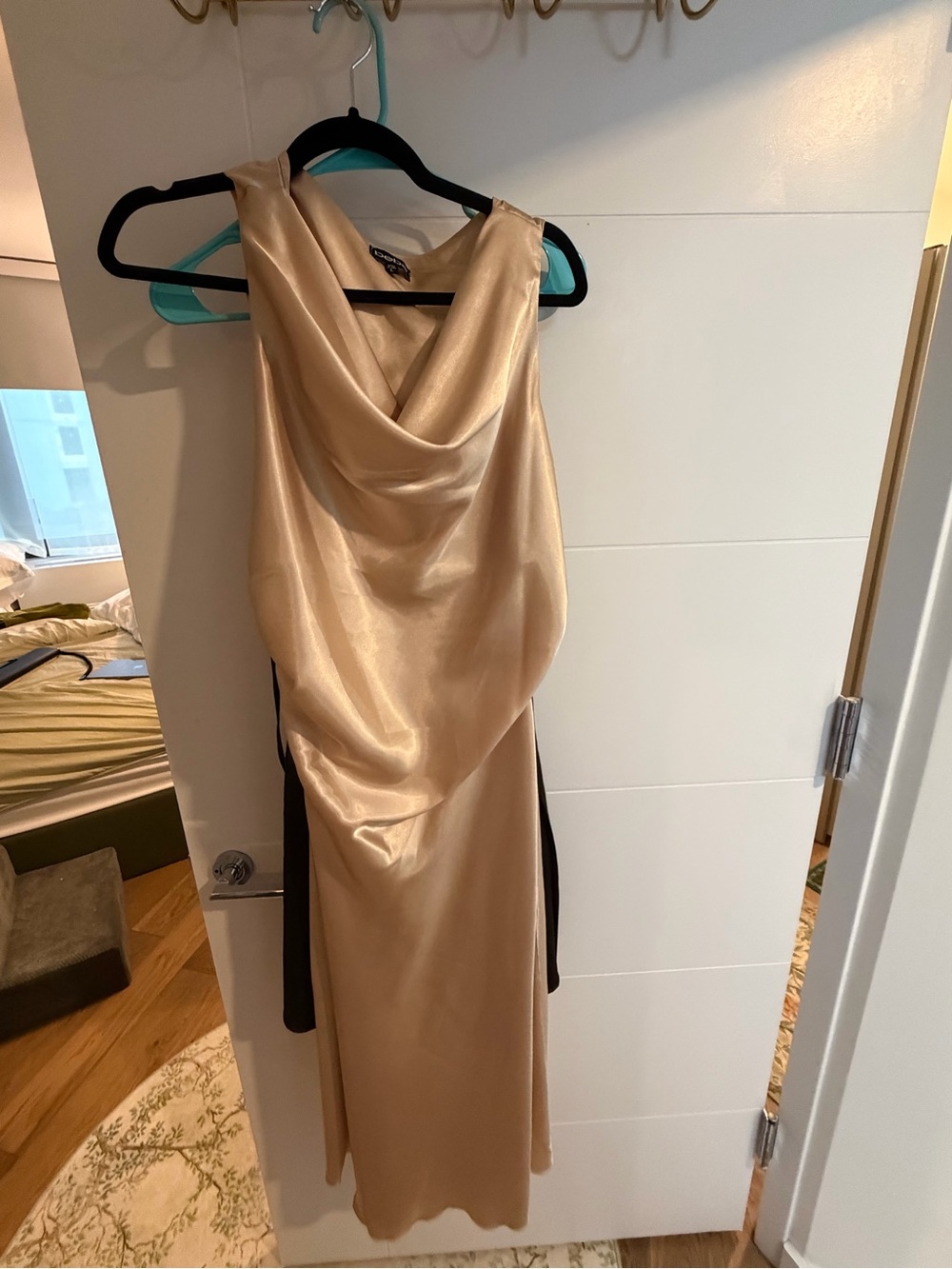 bebe Satin Cowl Neck Maxi Dress in Champagne Gold